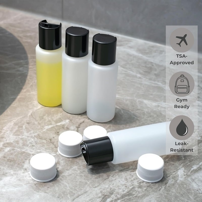 SELECTSHEN 4 Pack 2oz Travel Bottles – TSA Approved HDPE Translucent Squeeze Bottles with Black Disc Tops & 4 Extra Screw Caps, Leak Proof, Durable, BPA Free, FDA Compliant - Image 2